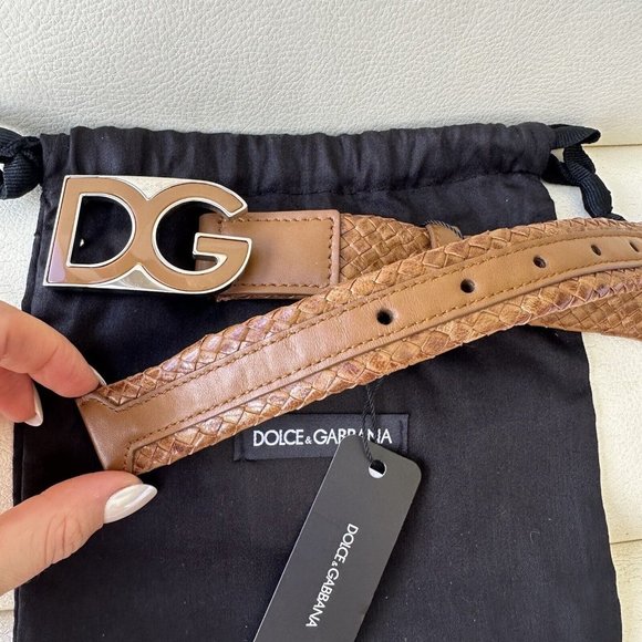 NEW DOLCE & GABBANA Belt Brown Weaved Leather DG Logo straw Buckle 80cm32in $620 main image 7